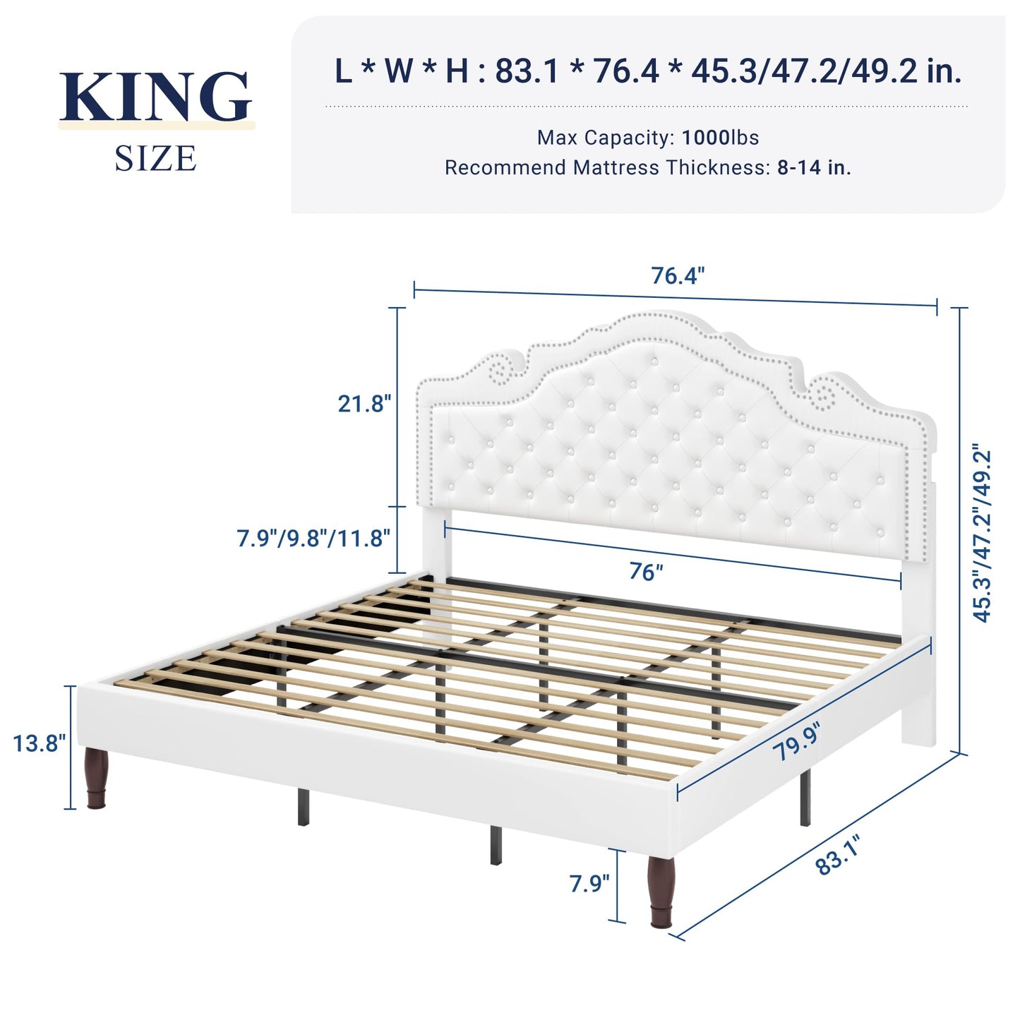 Allewie King Bed Frame with Adjustable Velvet Tiara Headboard, Upholstered Diamond Button Tufted Platform Bed, Wood Slats Support, No Box Spring Needed, Mattress Foundation, Easy Assembly, White
