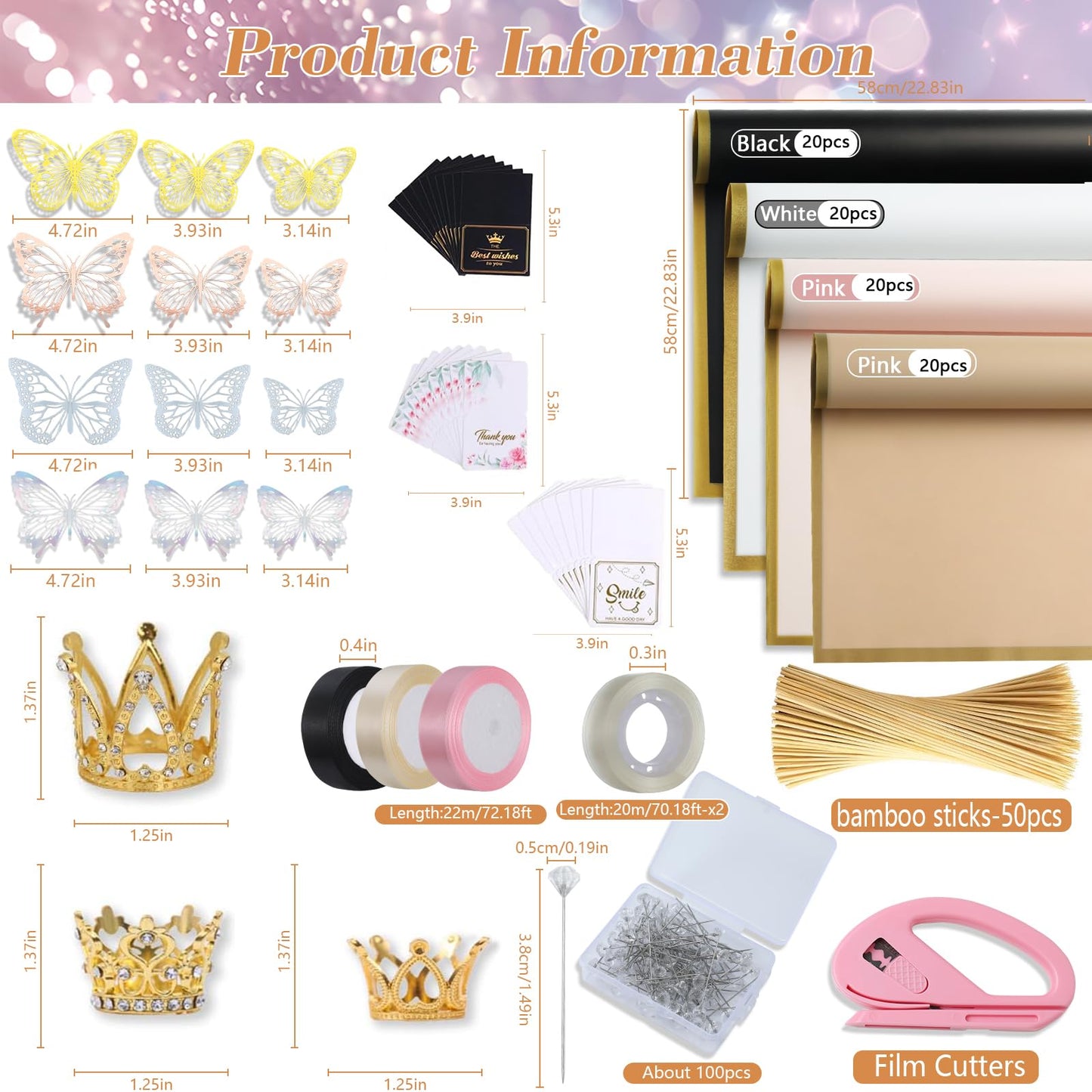 Majreey Floral Wrapping Paper Kit, 80Sheet Waterproof Floral Paper, 3Rolls Ribbon for Flower Bouquet, 2Rolls Transparent Tape,100Pcs Flower Pins, 48Pcs 3D Butterflies, 9Pcs Crowns for Florist Wrapping
