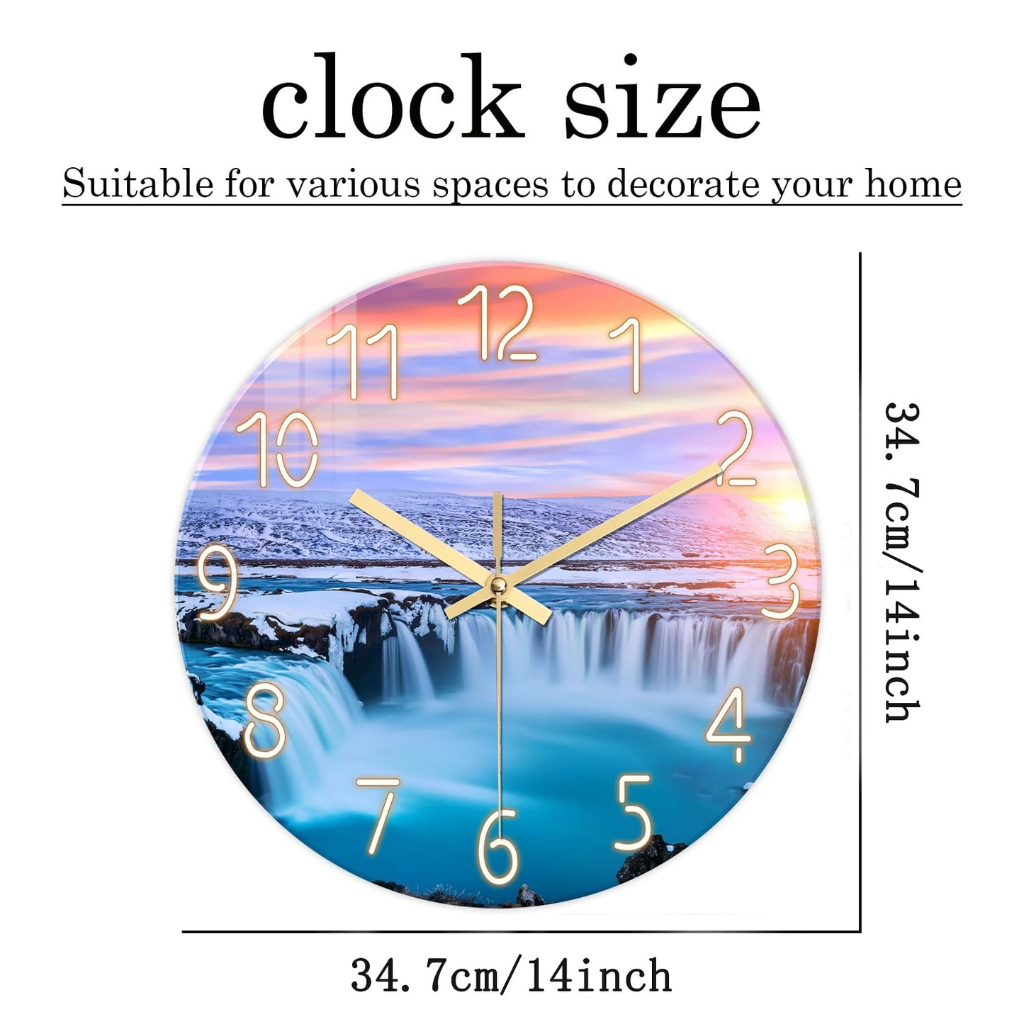 XNM Landscape Blue Beach Wall Clock for Bedroom Living Room 14 Inch Glass Battery Operated Clocks for Wall Analog Wall Clock Silent Non Ticking