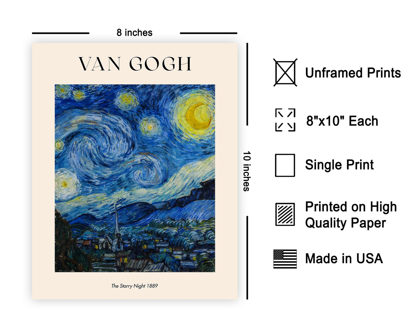 Poster Master The Starry Night Print - Van Gogh Poster - Masterpiece Art - Abstract Landscape Wall Design - Impressionism Art - Classic Living Room or Office Decor - 8x10 UNFRAMED Wall Art