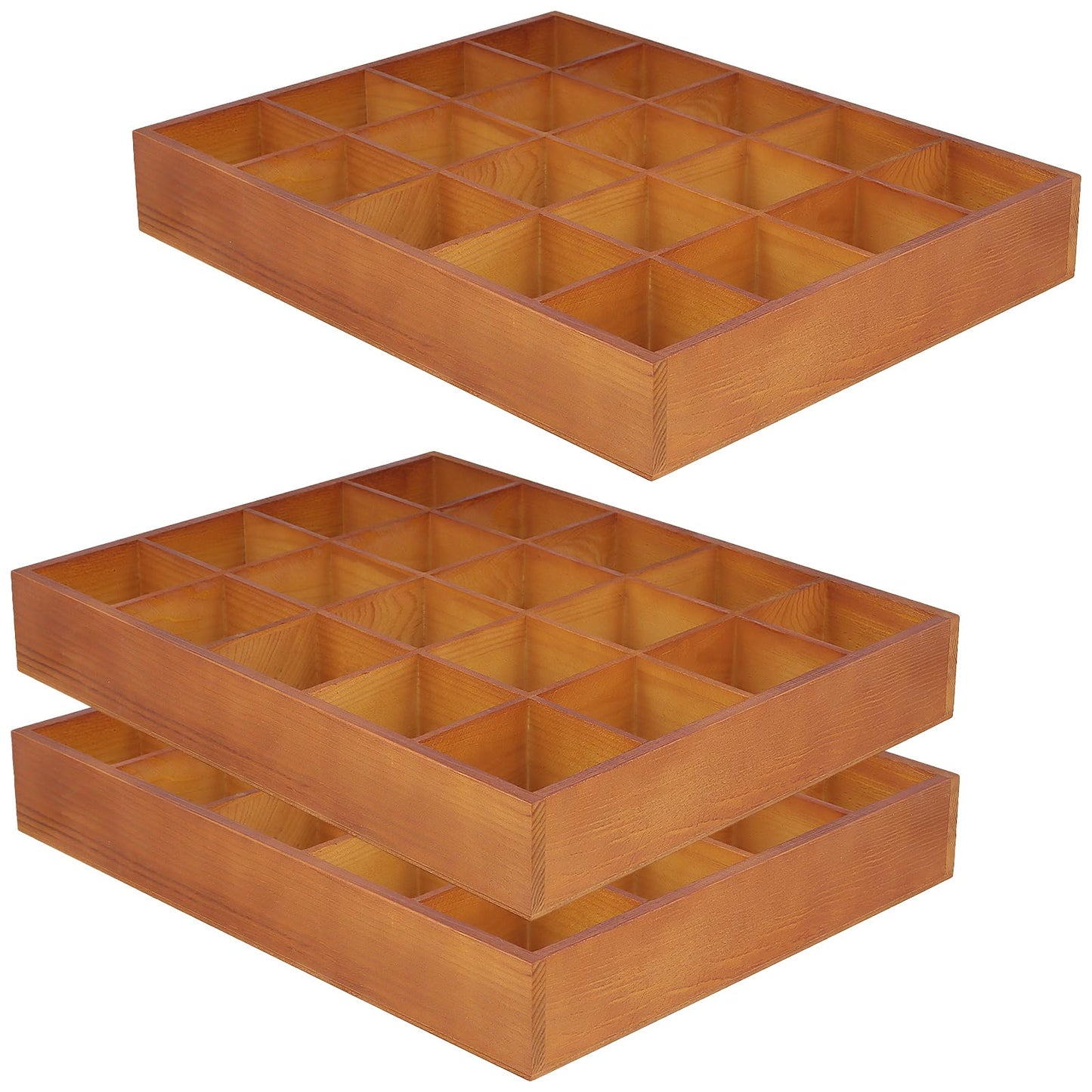FUNSUEI 3 PCS Multi Compartment Wooden Tray, Grid Display Wood Serving Tray with 20 Sections, Wood Drawer Organizer Divided Snack Storage Box for Jewelry, Card Sorting, 14x11x2 Inch Brown