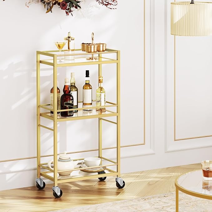 MAHANCRIS Bar Cart for The Home, 3-Tier Drink Cart on Wheels, Home Bar Serving Cart, Mini Bar Cart for Small Space, Kitchen, Dining Room, Gold RCJ40B01