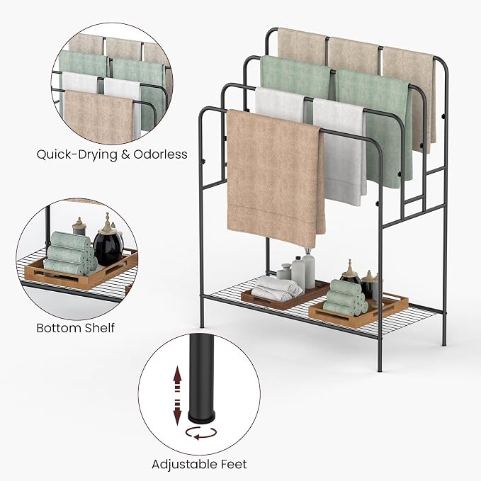 44" Extra Large Free Standing Towel Rack - 4 Tier Outdoor Pool Towel Holder, Versatile Blanket and Quilt Rack Stand for Living Room, Bathroom, Bedroom, Beach, Hot Tub, Gym and Pool Area Outside