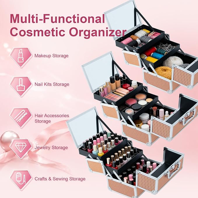 Makeup Train Case, Large Makeup Case with Mirror and Lock, Portable Makeup Box Organizer, 2 Trays Make Up Storage for Travel, Vanity, Cosmetics, Rose Gold