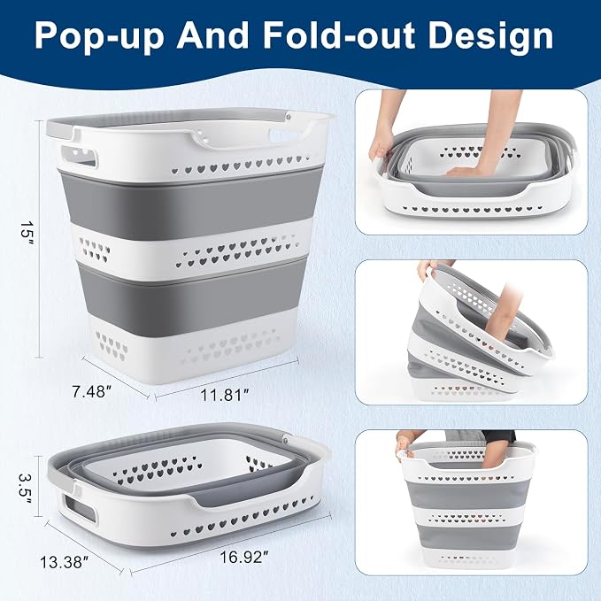 Collapsible Laundry Basket Plastic 42L Foldable Clothes Hamper for Laundry | Foldable Pop-Up Laundry Basket Hamper Space Saving Dirty Clothes Hamper Storage Container Organizer For Home & Dorm