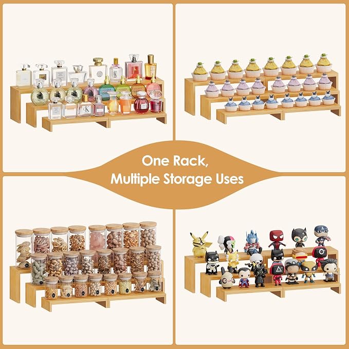 2 Sets Bamboo Can Organizer for Pantry, 3-Tier 6-Piece Adjustable Cabinet Can Display Rack, Soda Can Organizer Holds Up to 31 Cans, Canned Goods Storage Holder for Pantry, Cabinet, Countertop