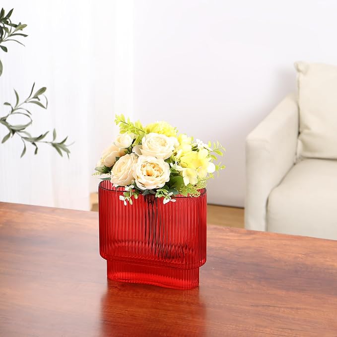 Ribbed Vase, Red Glass Vase for Flowers, Red Flower Vases for Tulips, Modern Vases for Living Room, Dining Table, Office, Bedroom, Mantle, Shelf, Wedding, 7 Inch