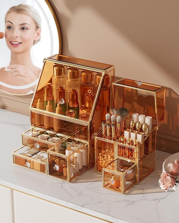 CoralHouse Amber Glass Makeup Organizer with Lid, 3-Piece Vanity Organizer with Gold Frame, Cosmetic Display Case for Skincare, Perfume, Lipsticks, Brushes, Bathroom Countertop & Dresser