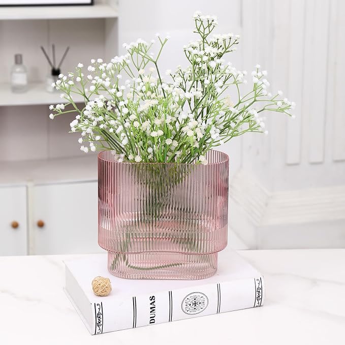 Ribbed Glass Vase, Pink Glass Vase, Fluted Short Vases for Flowers, Modern Vases for Living Room, Dining Room, Bathroom, Desk, Shelf, Wedding, Office, 7 Inches