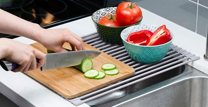 Surpahs 20.5 x 13.1 Inch Roll-Up Dish Drying Rack, Fits Across Sink Openings up to 19.5 Inches, Heavy-Duty Premium Silicone, Strong Support, Non-Slip, Heat-Resistant, Warm Gray