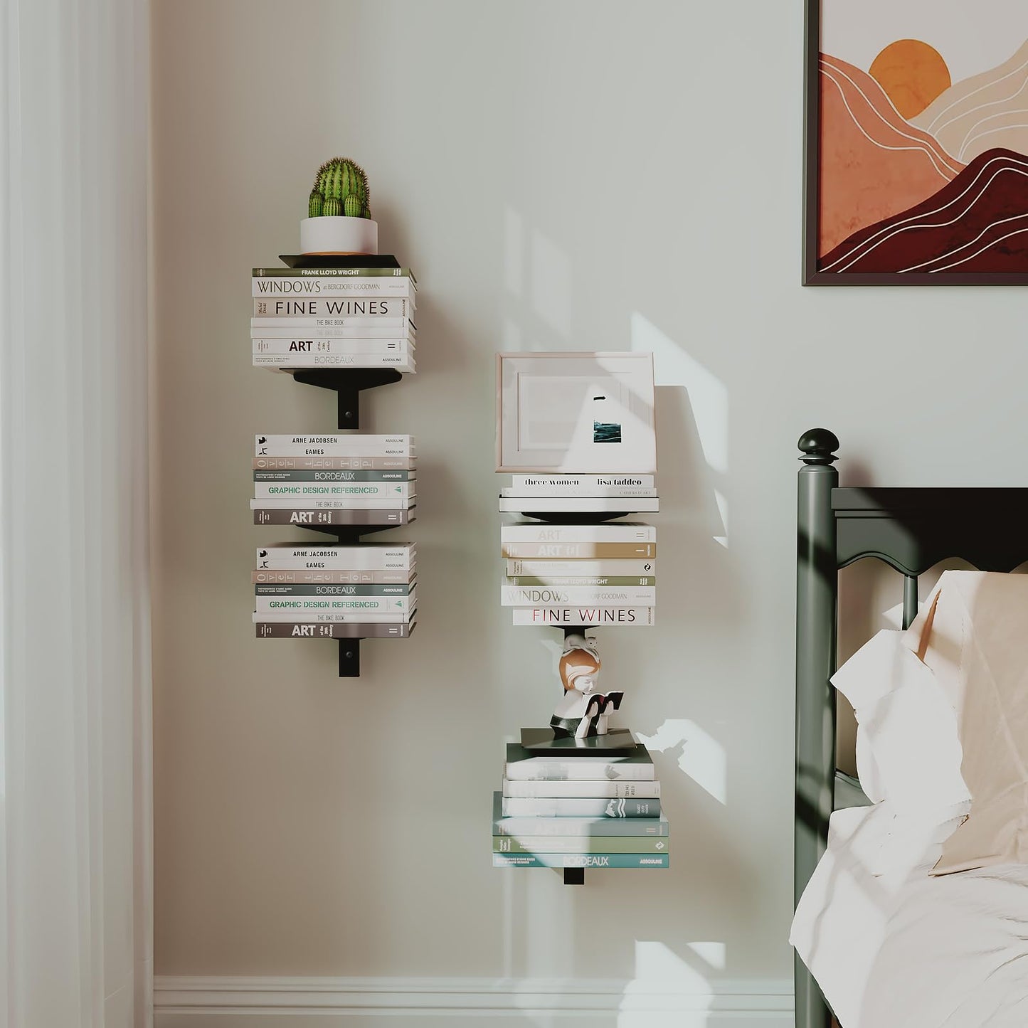 ART-GIFTREE Floating Book Shelves for Wall, 4 Tier Invisible Floating Bookshelf, Vertical Spine Book Tower, Wall Mounted & Space Saving, Heavy Duty Metal Book Organizer for Home Office, 2 Pack Black