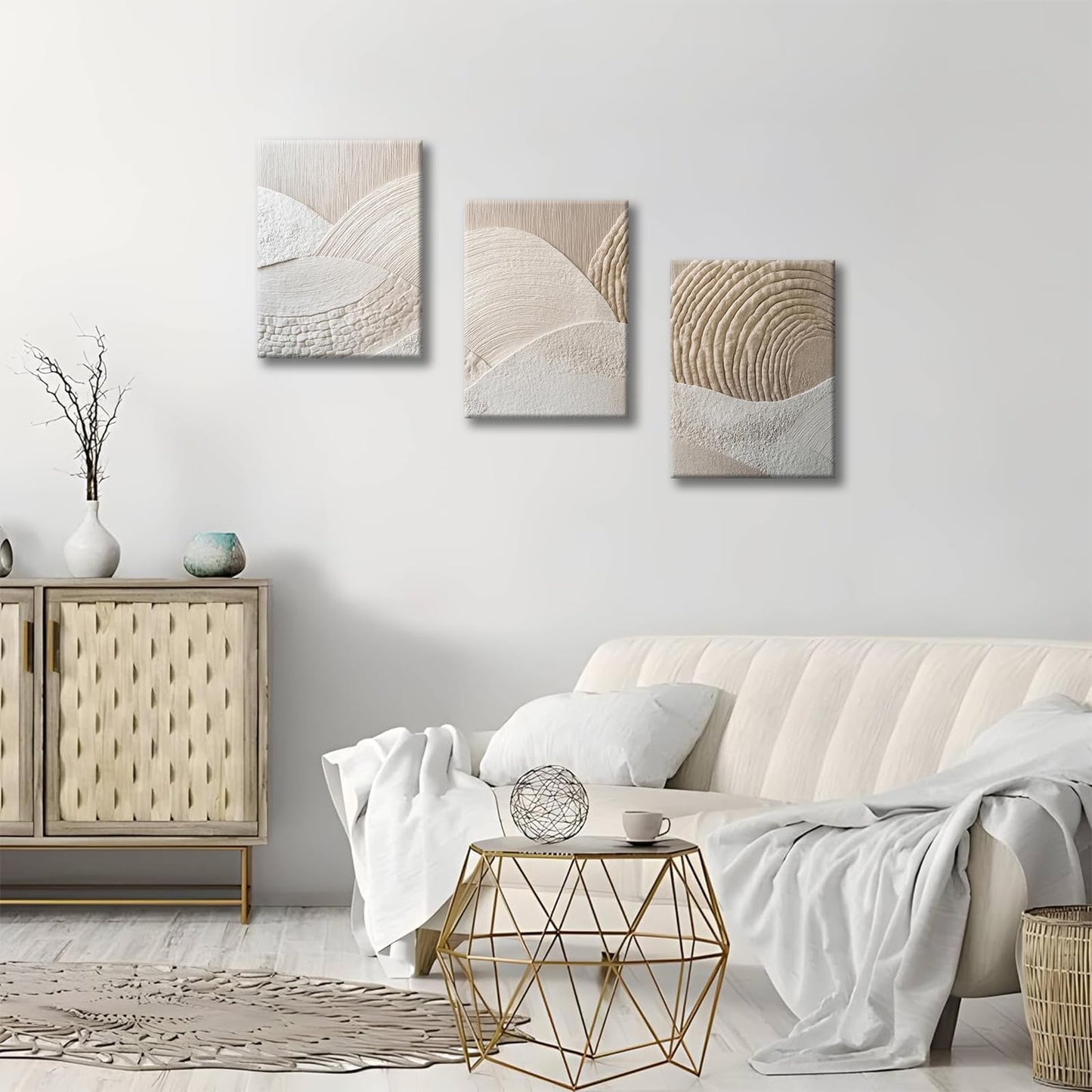skysoon 3 Panels Neutral Abstract Wall Art, Minimalist Textured Canvas Wrapped Wall Decor, Beige Modern Boho Nordic Artwork for Living Room Bedroom Office 12x16 Inch