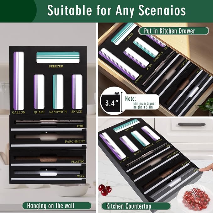 9 In 1 Storage Bag Organizer And Plastic Wrap Dispenser With Cutter, Bamboo Foil and Plastic Wrap Organizer