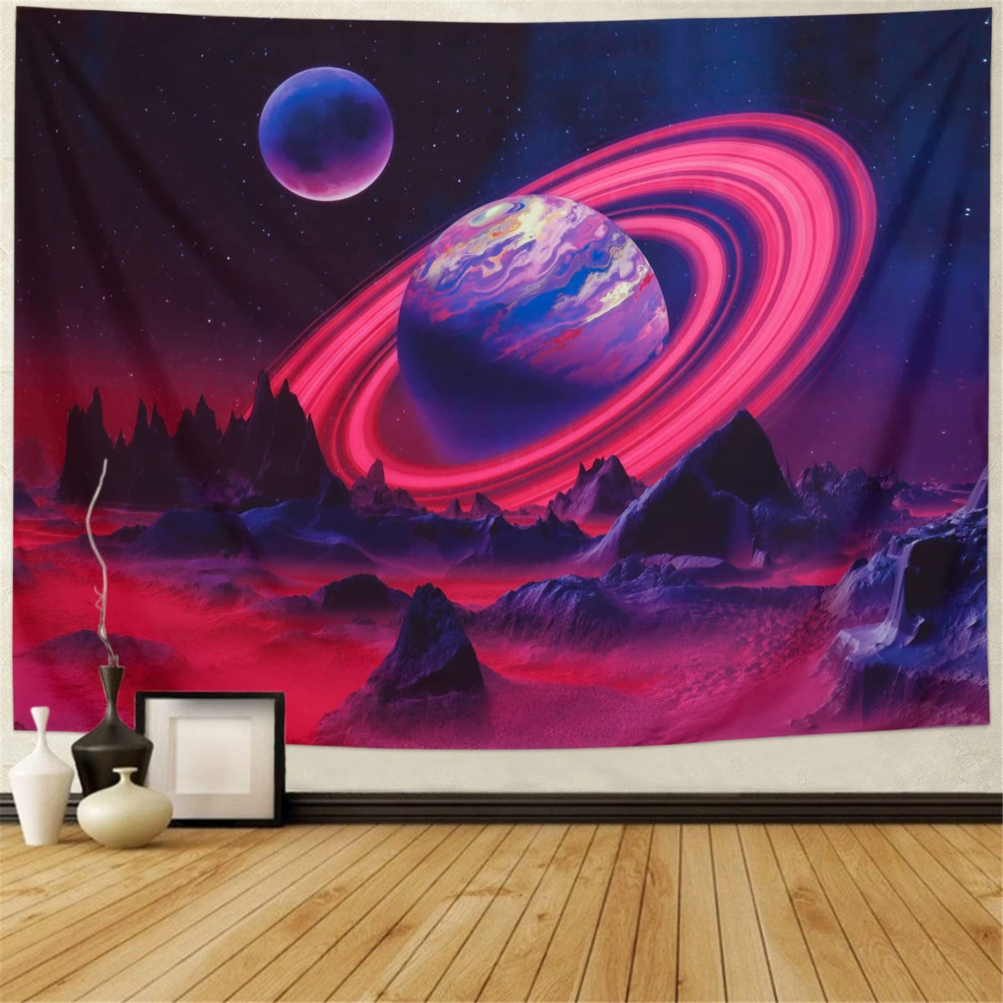Leofanger Blacklight Trippy Planet Tapestry UV Reactive Mountain Wall Tapestries Galaxy Space Tapestry Starry Night Sky Tapestries Wall Hanging for Home Decor(51.2"x59.1")