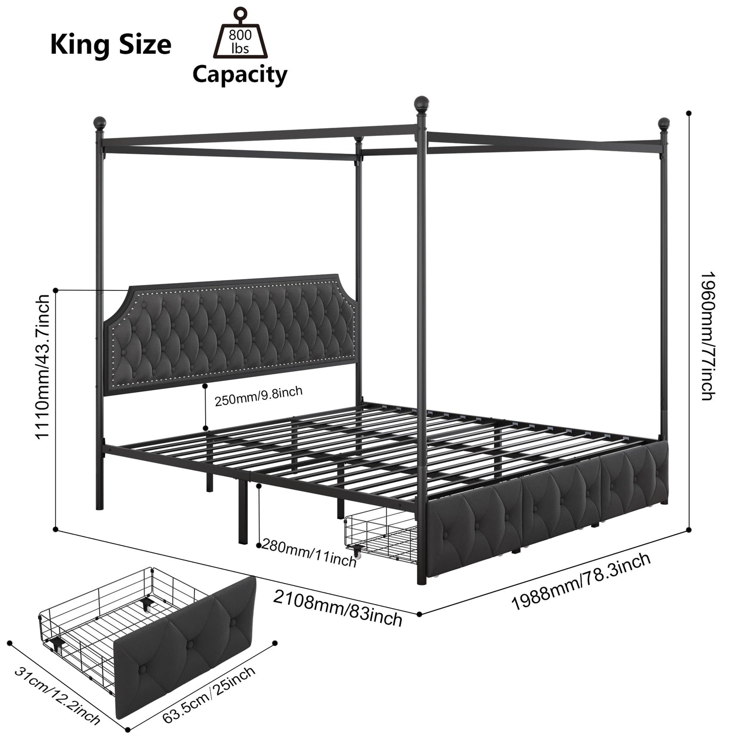 Keyluv King Upholstered Canopy Bed Frame with 3 Storage Drawers & Button Tufted Headboard, Metal Platform Bed with 4 Removable Posts, Two-Purpose Velvet Bed, Dark Grey/Curtain Not Included