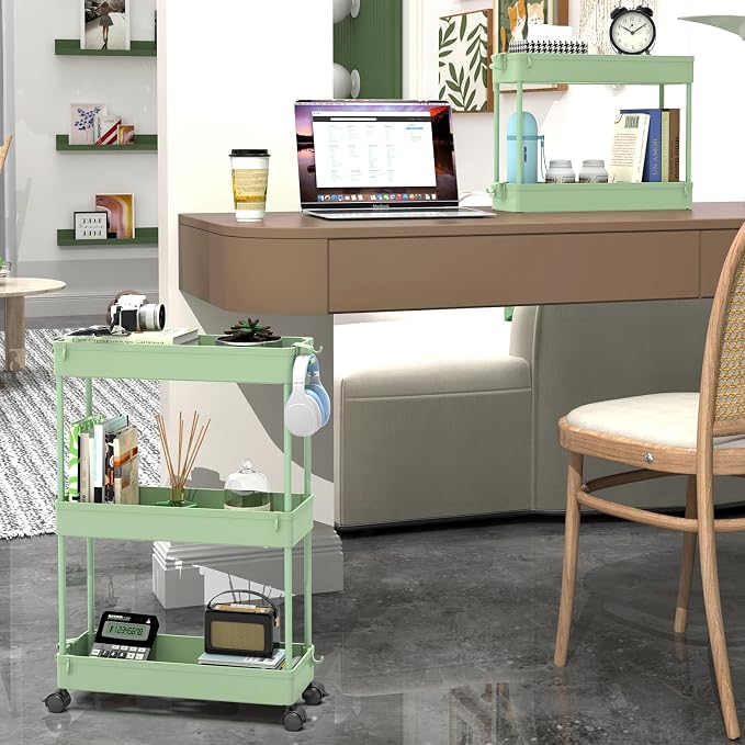 SPACEKEEPER Slim Rolling Storage Cart, 3 Tier Bathroom Organizer Utility Cart Laundry Room Organization Mobile Shelving Unit for Kitchen, Bathroom, Office, Bedroom, Narrow Places, Green