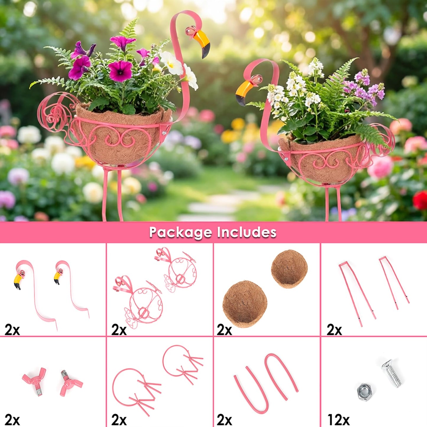 Derynome Pink Flamingo Garden Planters, Set of 2 Metal Flamingo Outdoor Planters with Basket, Flamingos Decorations for Indoor Outdoor Garden Decor