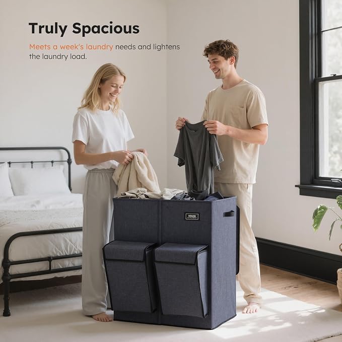 SOLEDI Double Laundry Hamper with Lid, 47.8 Gal (180L) Large Laundr Basket 2 Section with 2 Side Pockets, Dirty Clothes Hamper with Removable Bag, Easy to Carry for Laundry Room, Bedroom, Navy Blue