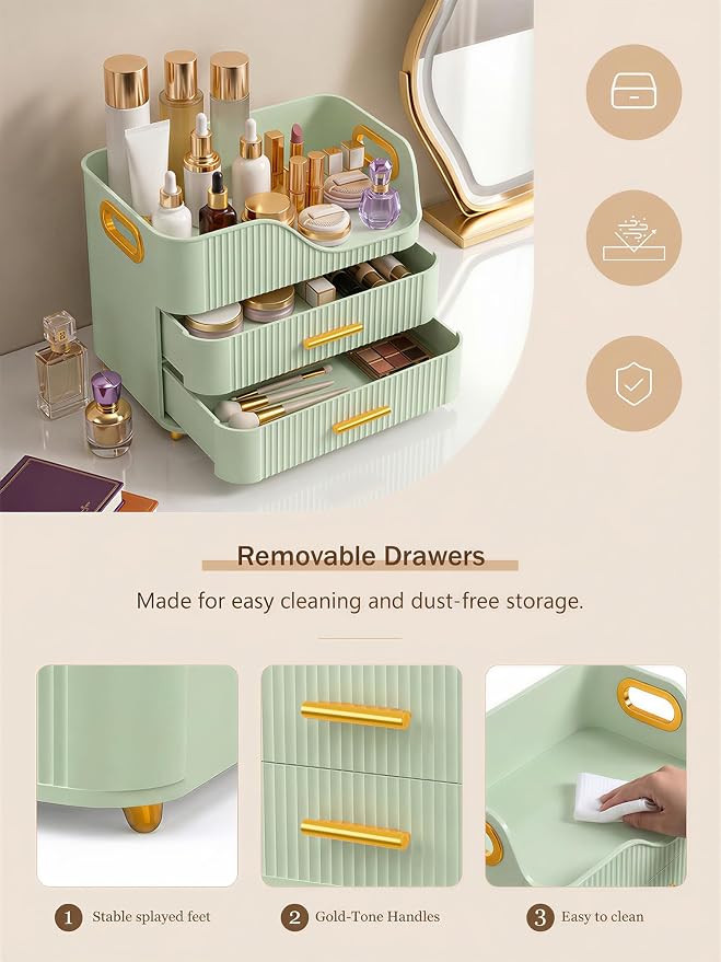 Booklov Countertop Makeup Organizer with Drawers, 3 Tier Large Cosmetic Storage Box for Vanity, Bathroom Counter, Dresser, Skincare Display Case for Lipsticks, Beauty Palettes, Teen Girl Gifts, Green