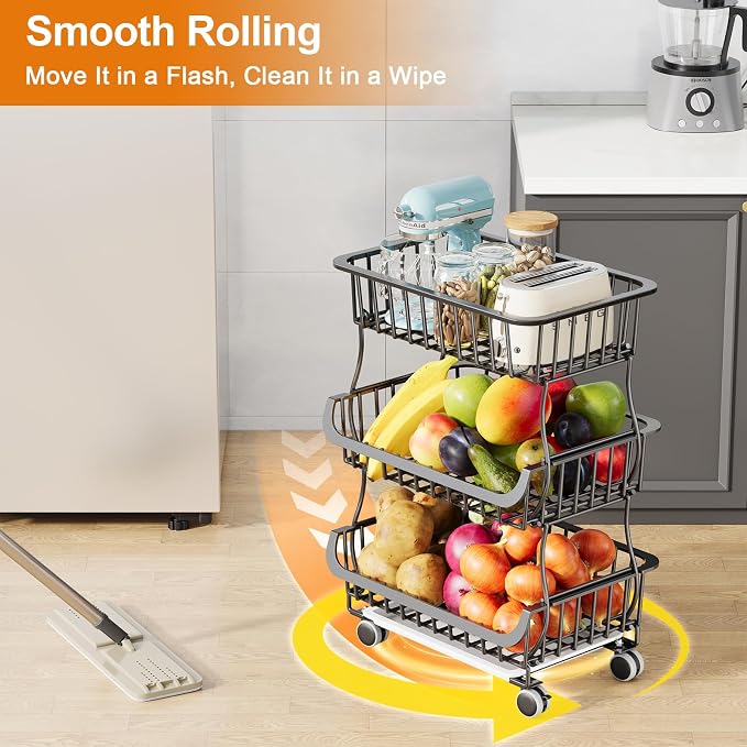 3 Tier Rolling Pantry Floor Organizers and Storage Cart with Wheels, Fruit Basket Stand on Wheels, Vegetable Baskets for Kitchen, Three Tiered Pantry Shelves Organzier for Snack, Produce, Potato,Onion