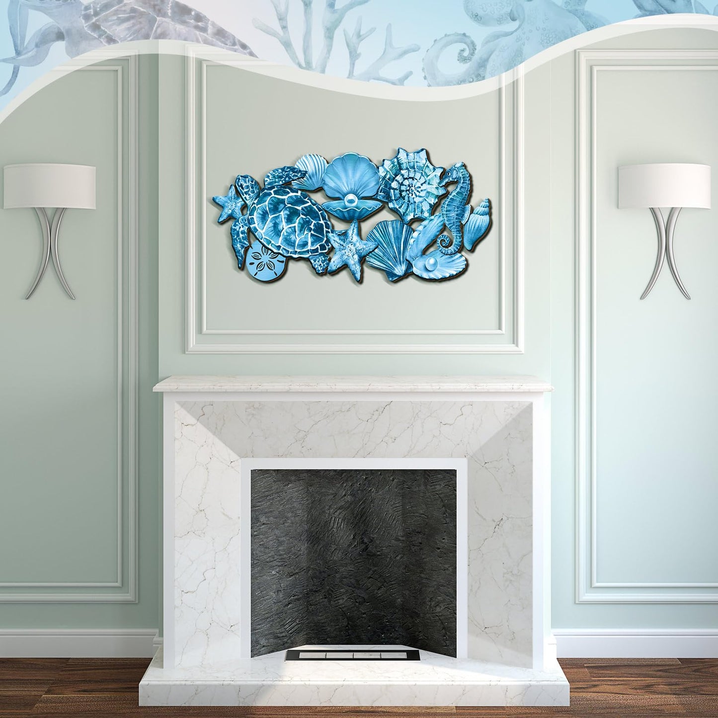 Qunclay Summer Ocean Themed Wall Decorations Sea Horse Shell Coastal Wood Sea Turtle Starfish Ocean Voyage Wall Hanging Decor for Home Pool Living Room Bedroom Outdoor Art, 15.8 Inch