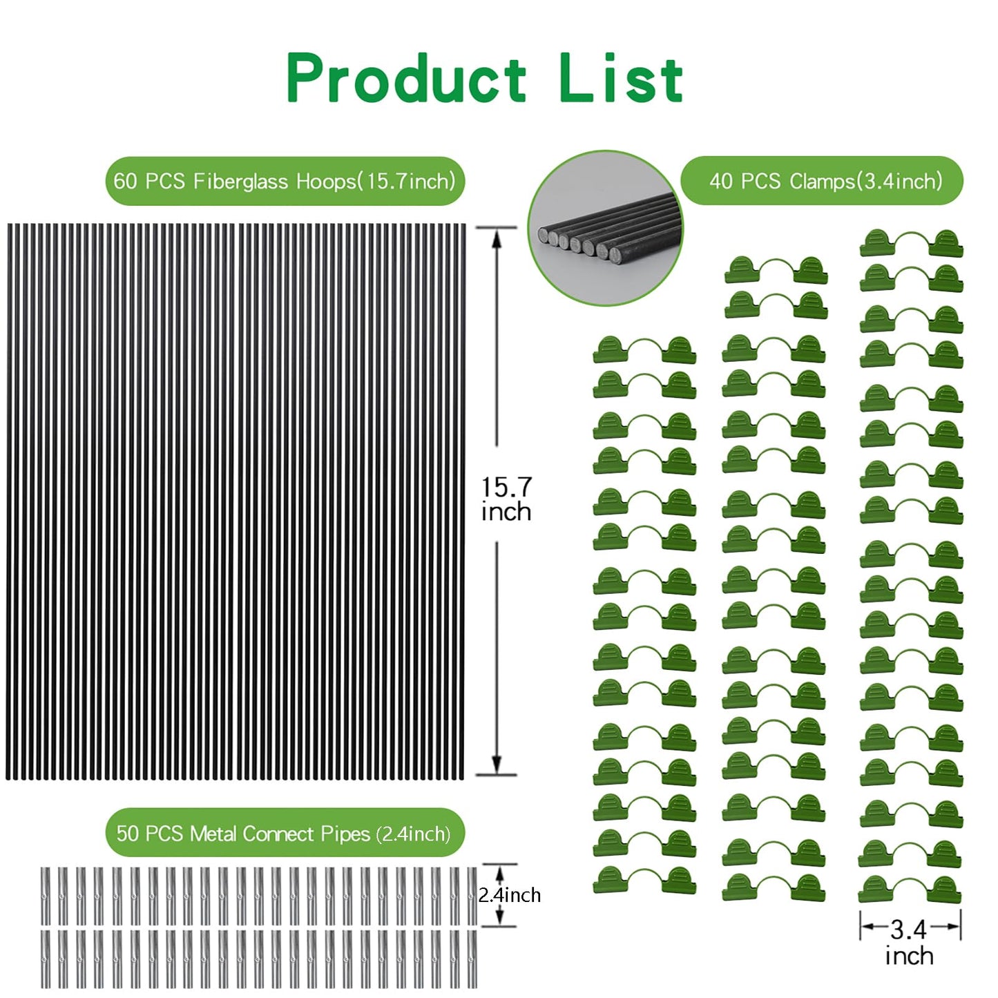Garden Hoops Grow Tunnel, 12 Sets of 7FT Greenhouse Hoops for Raised Beds, Rust-Proof Fiberglass Frame for Garden Netting, Small Greenhouse Kit, DIY Plant Support Garden Stakes, 60 pcs
