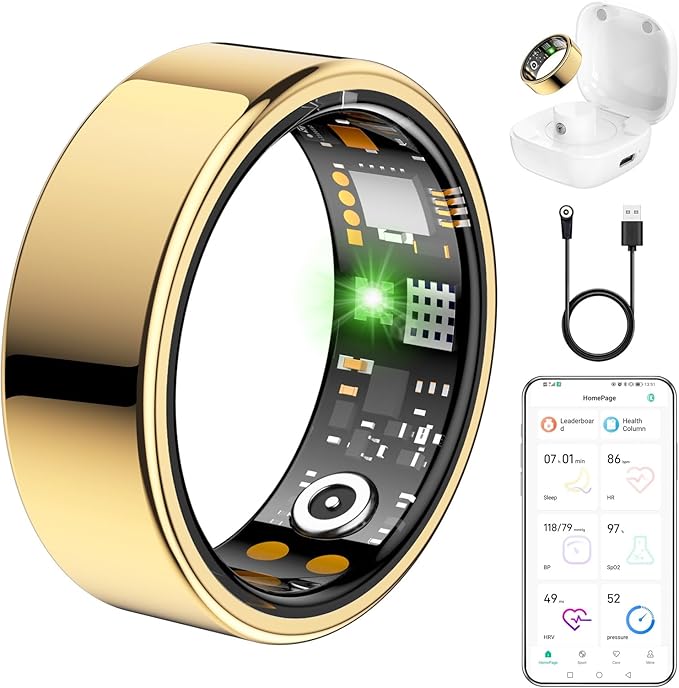 Ring Health Tracker for Women Men, Fit Ring with Heart Rate, Blood Oxygen, Sleep Monitor, Calories, Step Counter, IP68 Waterproof Smart Ring for iPhone & Android, No Subscription Fee (Gold, 10#)
