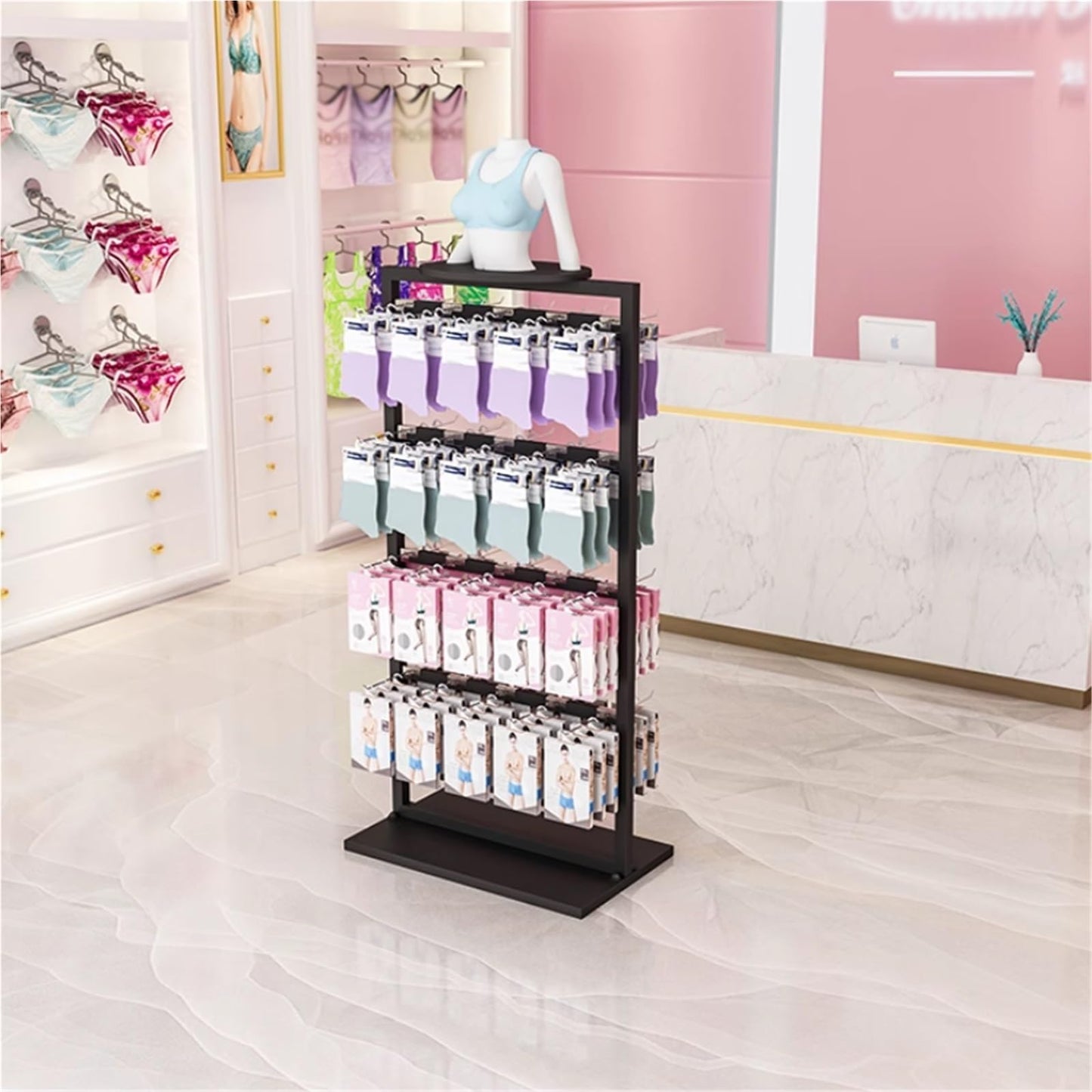 25.5 * 15.7 * 53in Sock Lingerie Bra Rack with Hook, Metal, Commercial Underwear Retail Display Stand, Freestanding Clothing Storage Shelf, for Farmers Markets, 4 Tier(Black)