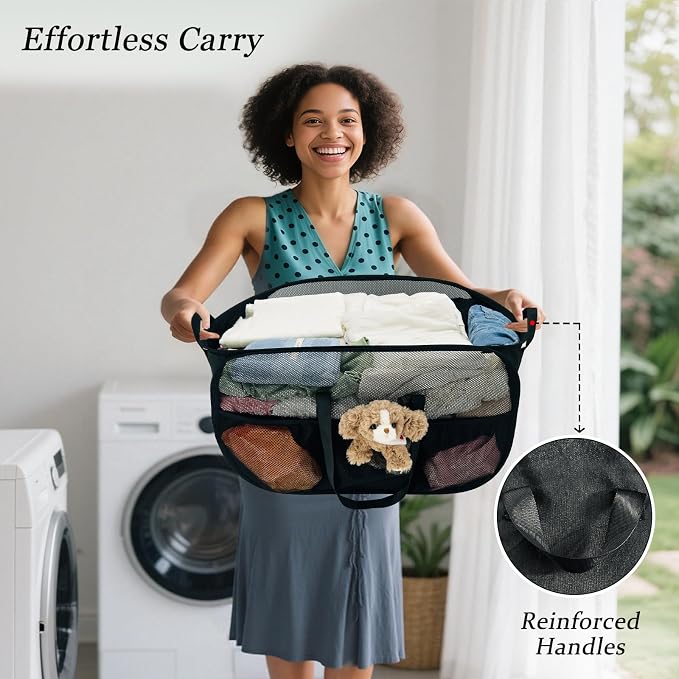 Upgraded Cationic XL Collapsible Laundry Baskets, 100L Extra Large Mesh Pop Up Hamper with Handles and bag, Portable Stair Basket, Dirty Clothes Hamper for Cruise Travel Bedroom. Black