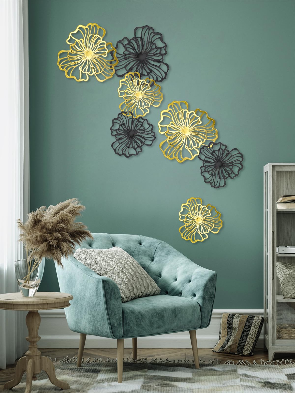 7 Piece Metal Wall Decor for Living Room, Boho Double Layered Iron Flower Wall Hanging Art, Aesthetic Indoor Metal Wall Sculpture Decor for Bedroom Kitchen Bathroom Farmhouse Home Office, Gold-Black