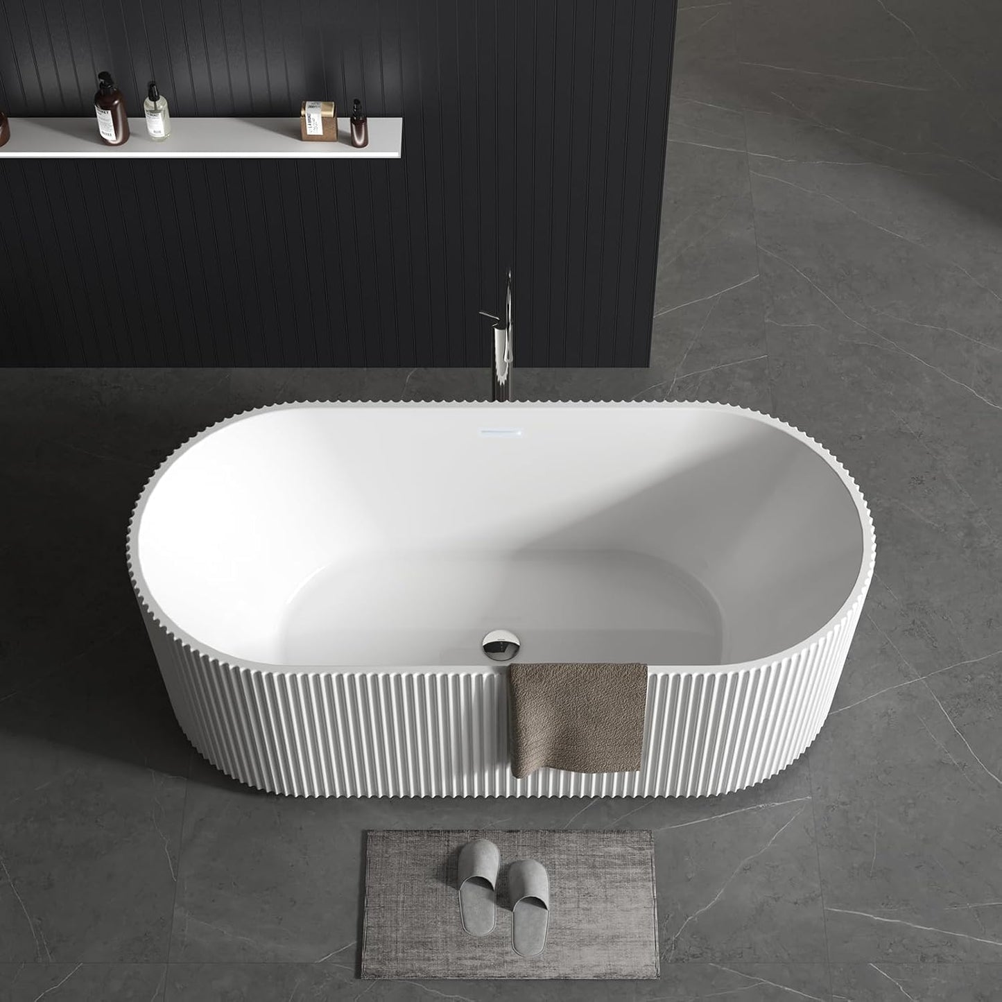 59" Free Standing Tub, Acrylic Soaking Bathtub, Stand Alone Freestanding Tub with Matte Sliver Drain and Overflow, Contemporary Bathtub for Bathroom, Pleated Gloss White