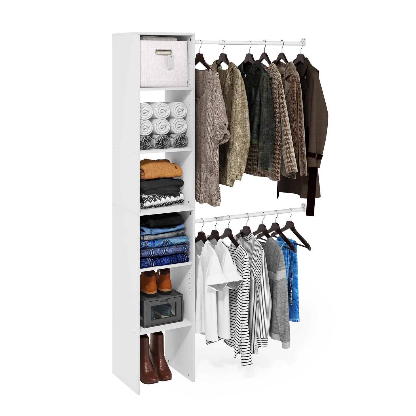 Furinno FANO Closet Organizers and Storage, 5-Tier Closet Storage Organizer with 2 Hanging Bars, Wardrobe Closet Shelf Towers, Adjustable Shelves, for Wardrobe, Bedroom, Living Room, White
