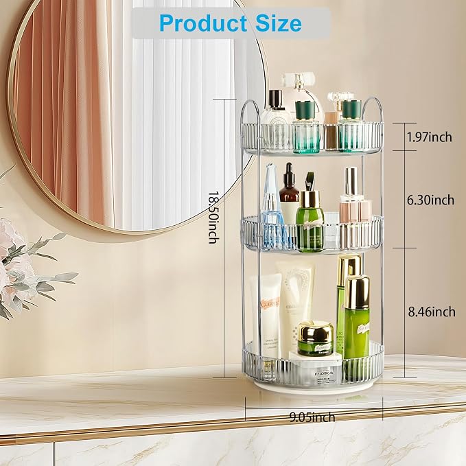 360 Rotating Makeup Organizer, 3 Tier Large Capacity Lazy Susan Bathroom Counter Organizer, Skincare Organizers, Spinning Perfume Organizer & Vanity Organizer Countertop (Silver Clear, 3 Tier)