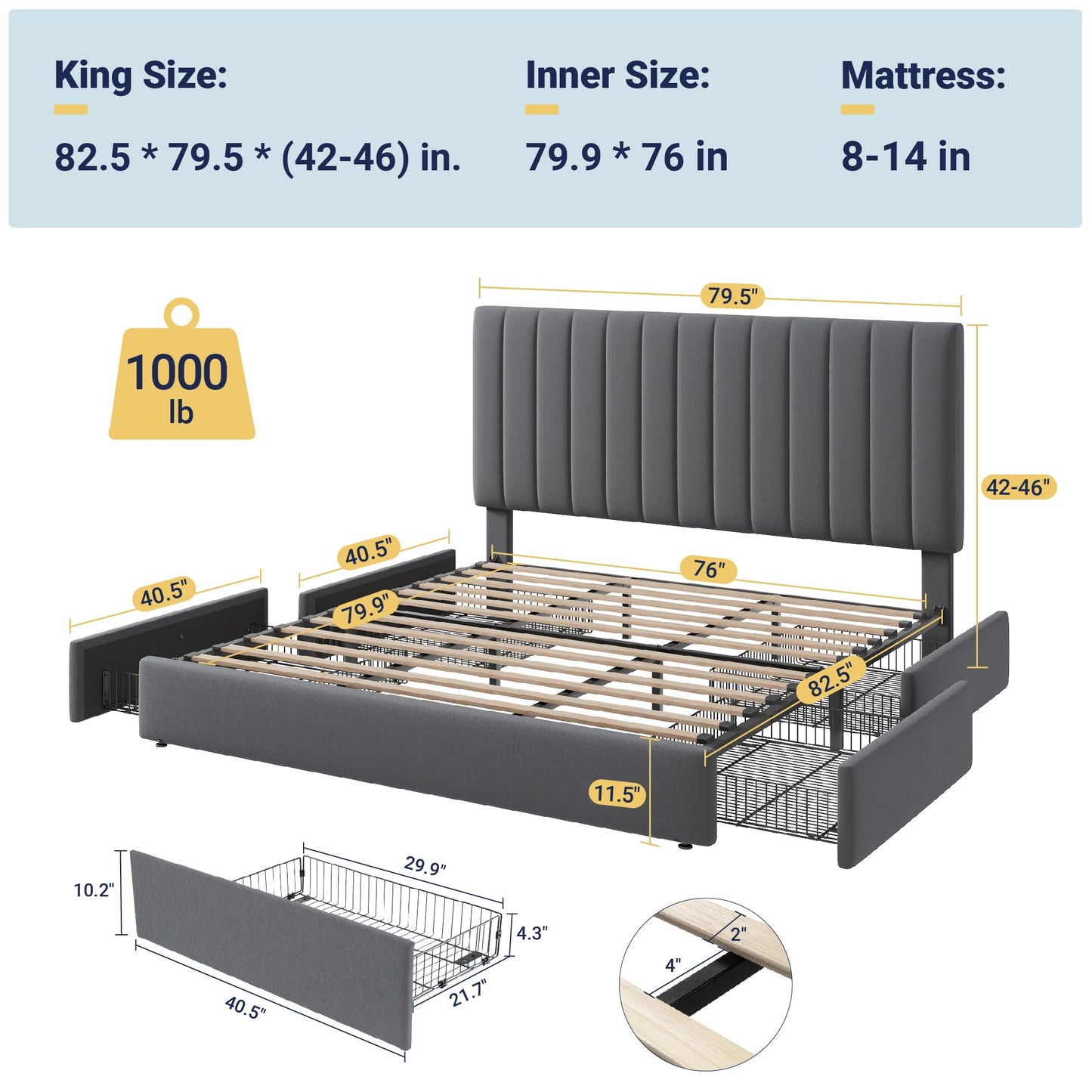 Allewie King Size Storage Bed Frame, Vertical Channel Tufted Adjustable Headboard, Velvet Upholstered Platform Bed with 4 Oversized Underbed Drawers, Wooden Slats Support, No Box Spring Needed, Grey