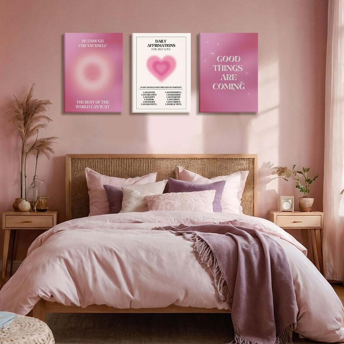 NCCXNCC 3-Pcs Pink Angel Digital Canvas Wall Art Daily Affirmations Wall Decor Painting Gradient Halo Artwork Aesthetic Poster Print Suitable for Apartments, Dormitories, Girls' Bedrooms 12x16 inch