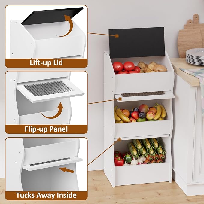 Potato and Onion Storage Bin with Lid, Root Vegetable Storage Rustic Bread Box for Kitchen Pantry, Wooden Bread Cabinet Fruit Storage Rack,White