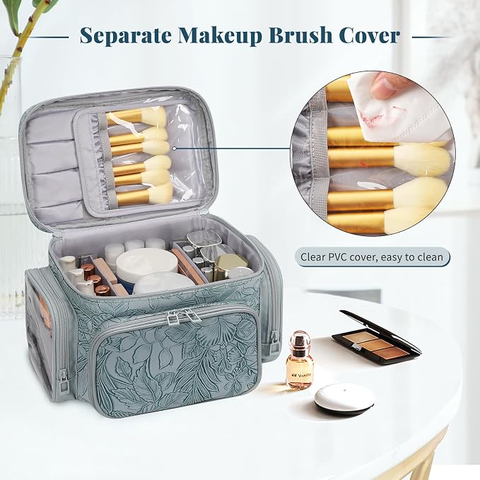 Bagmoly Large Makeup Bag, Portable Travel Makeup Bag Organizer for Women Girls with Makeup Brush Compartment & Two Side Pockets, Cosmetic Travel Bag Vertical Storage Toiletry - Floral Blue