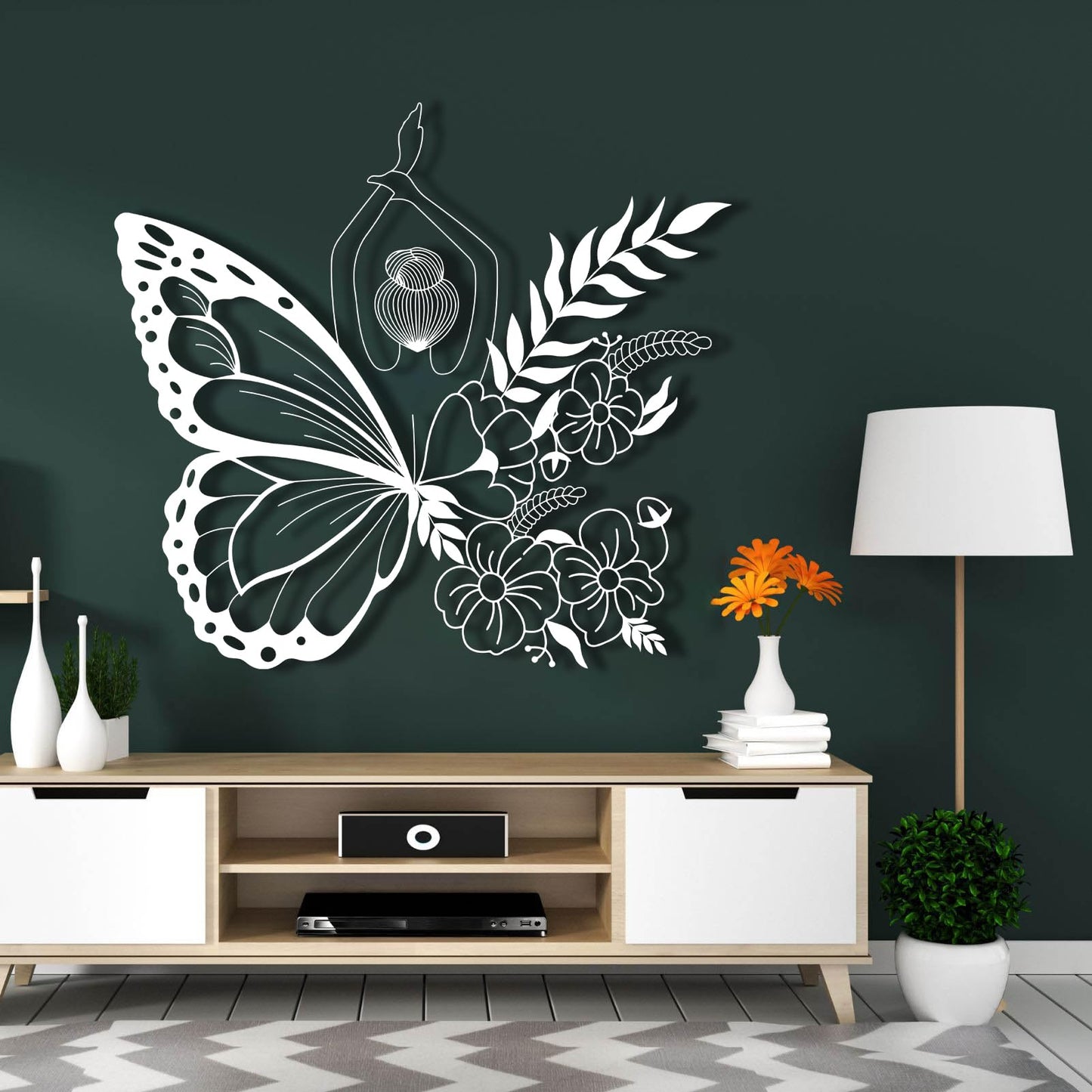 Cadeali Butterfly Woman Metal Wall Art, Flower Butterfly Wall Decor, Minimalist Line Art, Flowers Decorations, Home Living Room Decor, Gifts for Her (19 x 17 inch | 47 x 43 cm, (White)