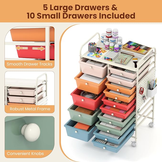 Giantex 15 Drawer Storage Cart, Rolling Craft Cart with Metal Tabletop & Pegboard, Mobile Utility Organizer Trolley with Locking Wheels, Home Office, Macaron Multicolor