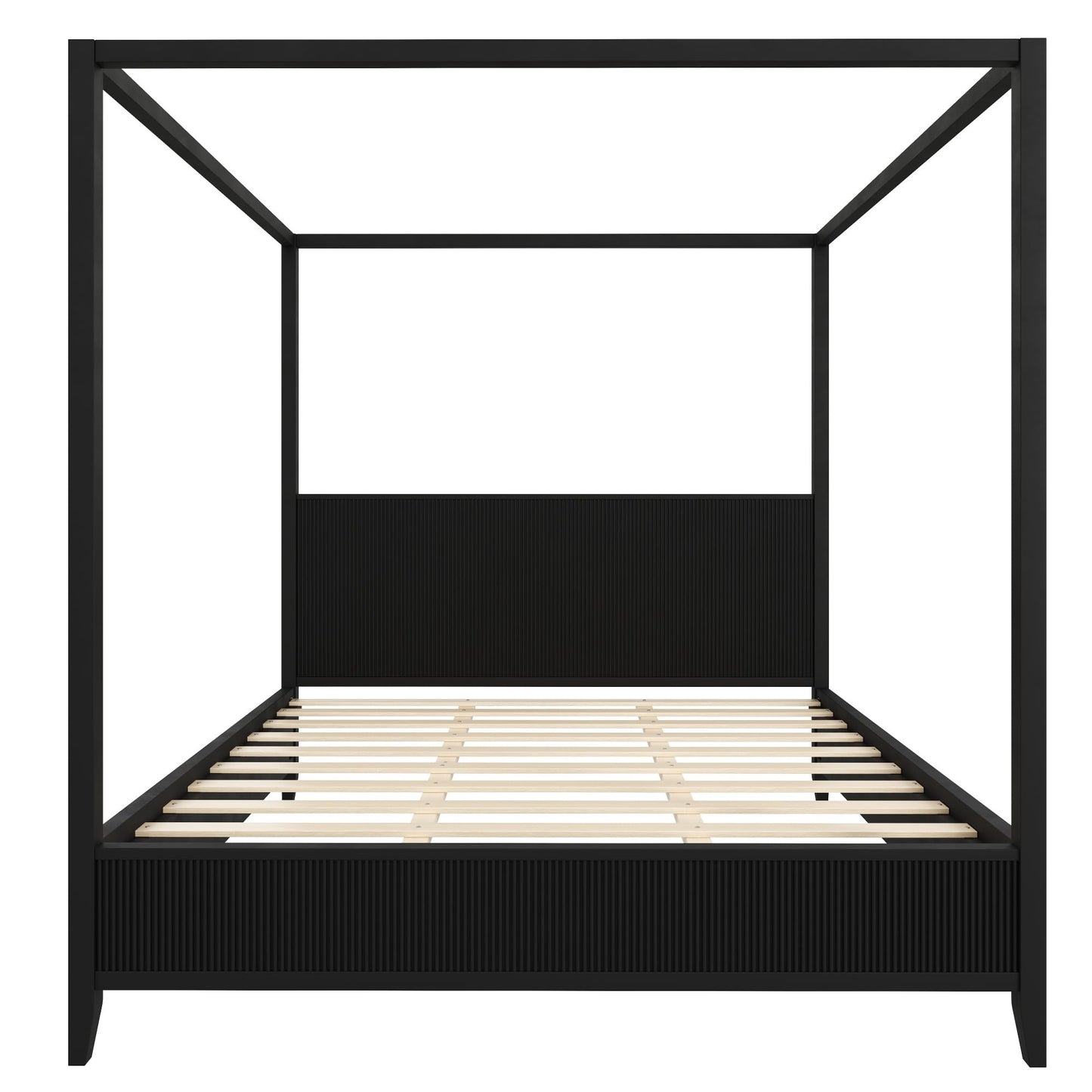 Merax Modern Luxury King Size Wooden Canopy Bed Frame with Headboard, Slats Support, Wood 4 Poster Bed Frame, No Box Spring Needed, Contemporary Bedroom Furniture, Black