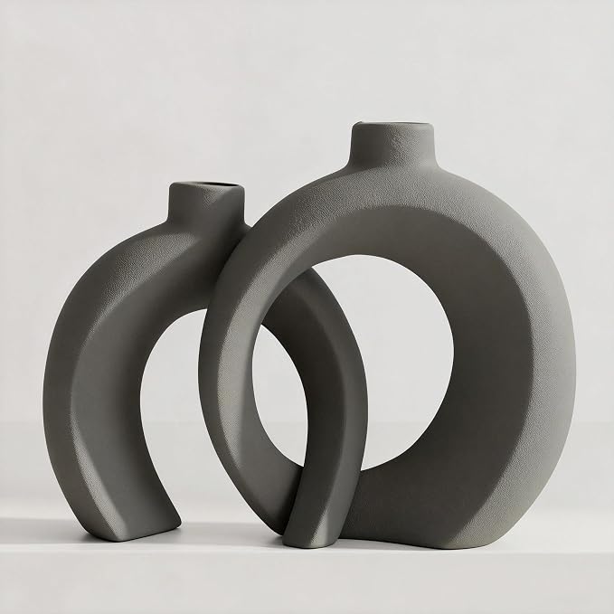 Set of 2 Gray Ceramic Vases for Home Decor Accents - Unique Hollow Donut Artistic Design Minimalism Industrial Scandinavian Style Decorative Vases for Shelf, Mantel, Entryway Table Decor (Matte Gray)