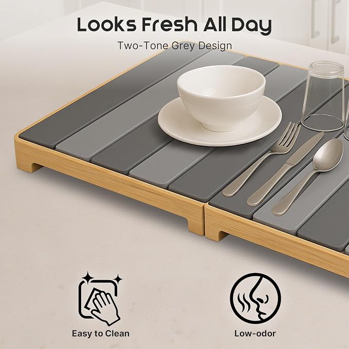 ArtyCozy Extra Large Rollable Stone Drying Mat with Foldable Bamboo Dish Drying Rack for Kitchen Counter, Super Absorbent Diatomaceous Earth and Quick Drying Rack, 27"×17", Dark and Light Grey