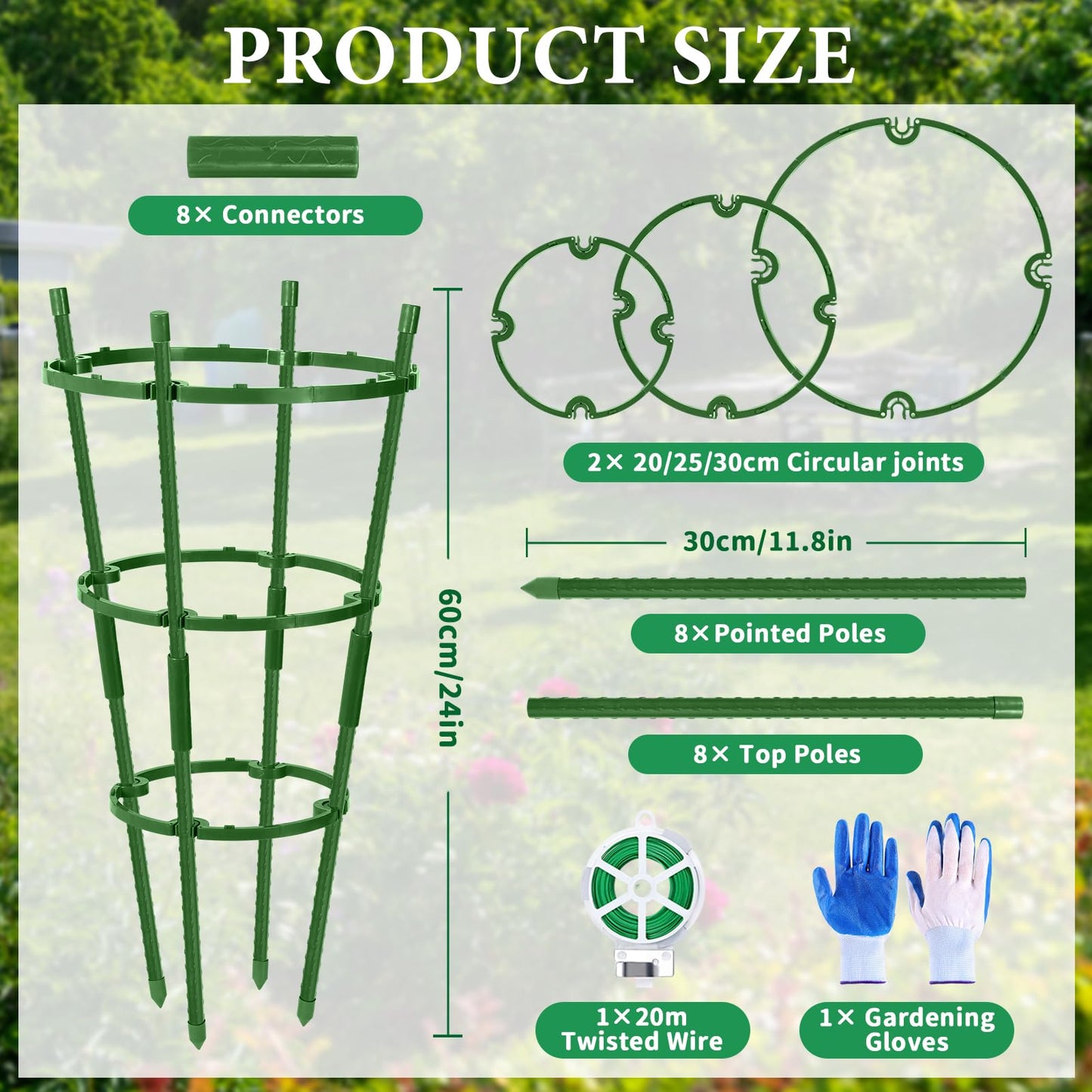 UJG 2-Pack 24 Inches Tomato Cages for Garden, Tomato Cage, Tomato Plant Support, Heavy-Duty Tomato Trellis with Height Adjustable Rings for Garden Climbing Plants with Twist Tie & Gloves