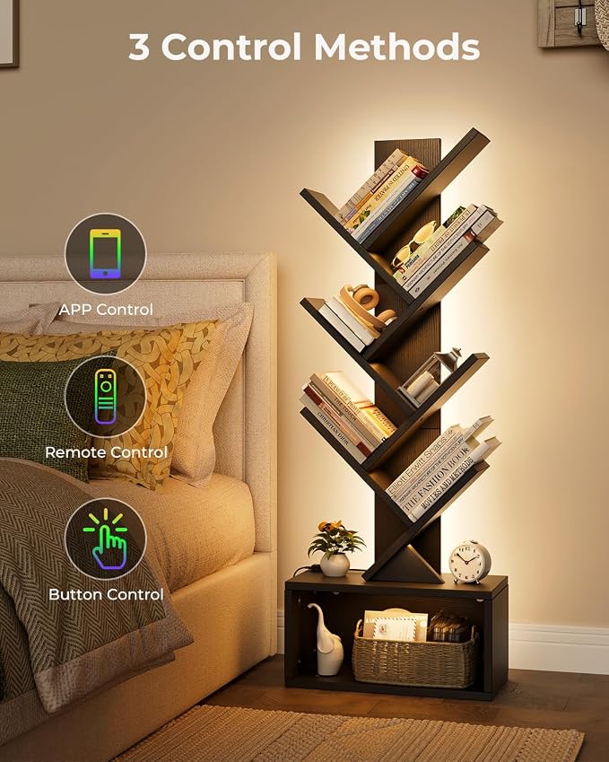 Evermagin 6 Tier Tree Bookshelf with Lights, LED Book Tree Bookcase with Storage Organizer, Small Corner Bookshelf Floor Standing Book Shelf for Living Room, Bedroom & Home Office, Black