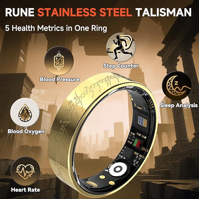 Ultra Smart Ring for Women Men,Health Fitness Tracker with Sleep/Blood Pressure/Oxygen Monitoring, Heart Rate & Activity Tracking,IP68 Waterproof, 5+Day Battery,No Subscription Fee 1-Gold 8