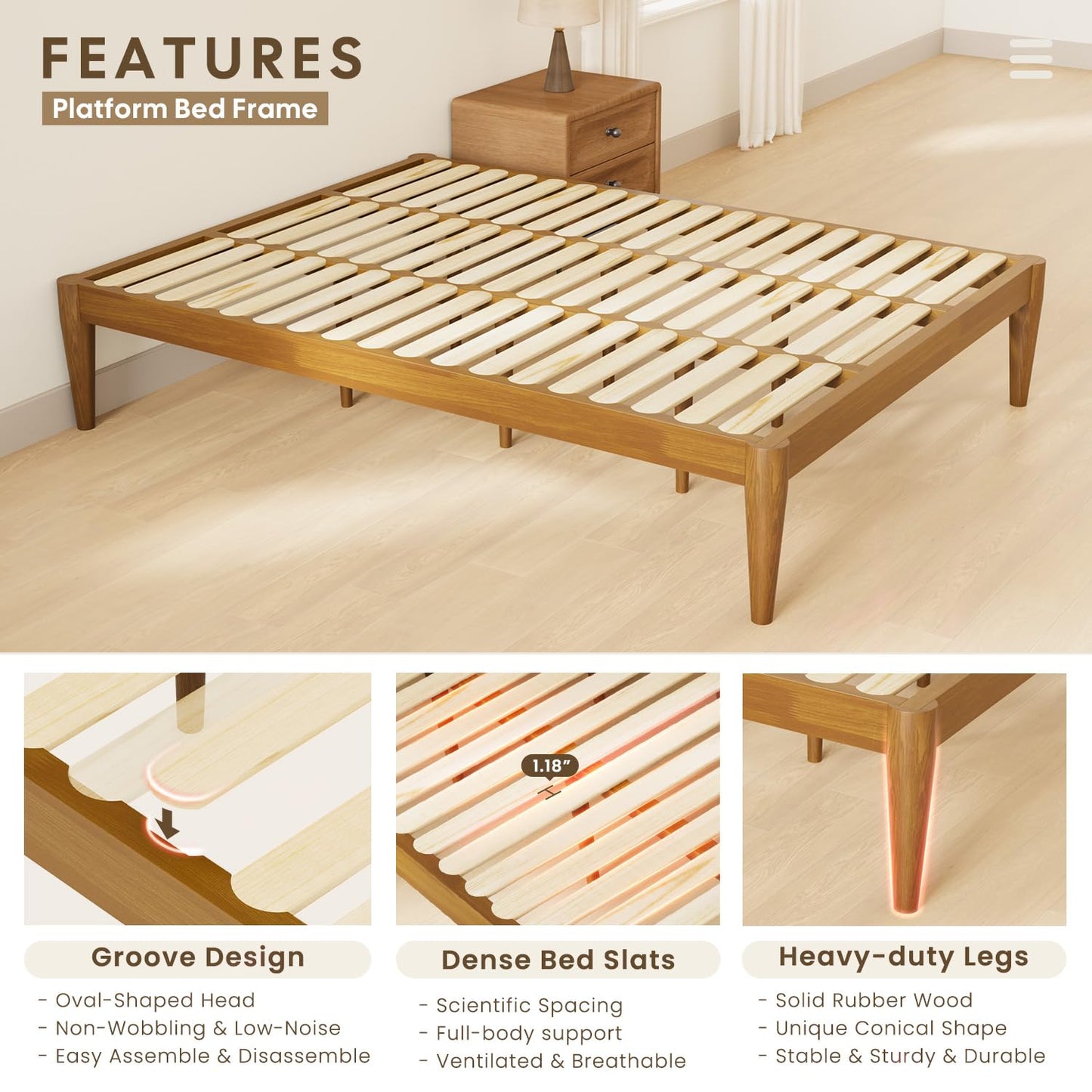 IOTXY California-King Platform Bed Frame - Solid Wood 16-Inch Height Mattress Foundation Base with Densely Slats and Heavy-Duty Support Legs, No Box Spring Needed, Teak