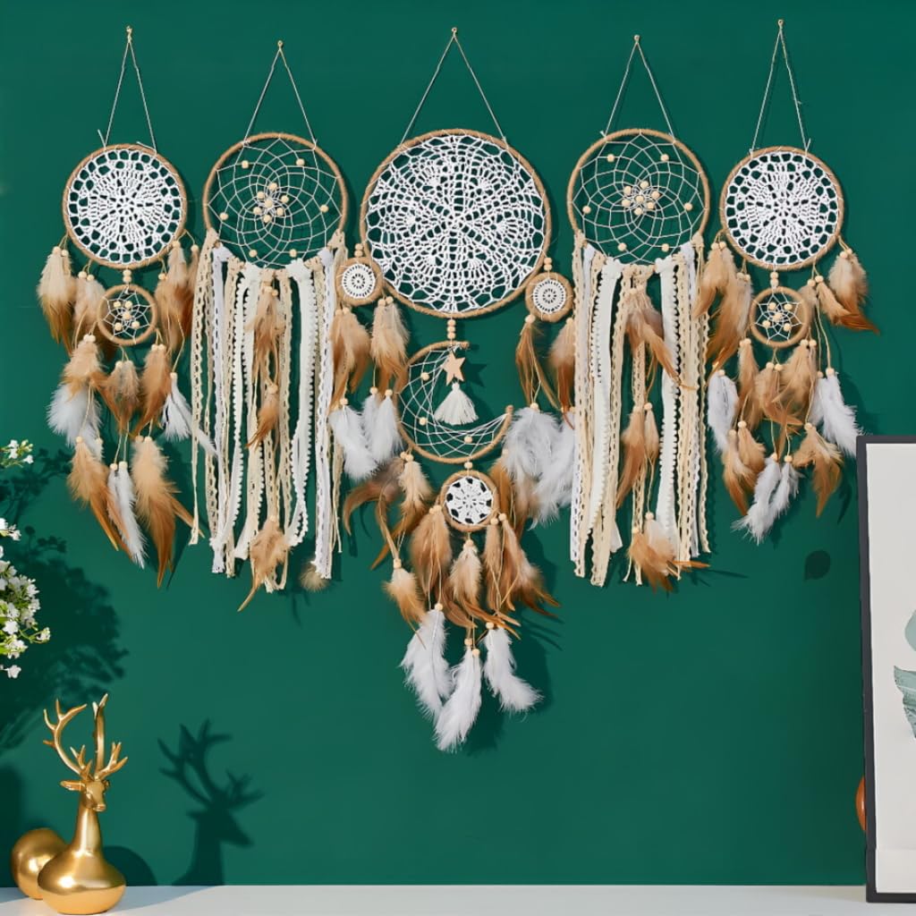 Handcrafted Dream Catcher Wall Decor Set, 5 Pieces, Round Shape, 10 Inch Diameter, Cotton and Feather, Art Deco Style, Moon and Star Design, Indoor Hanging Ornaments (5, Brown)