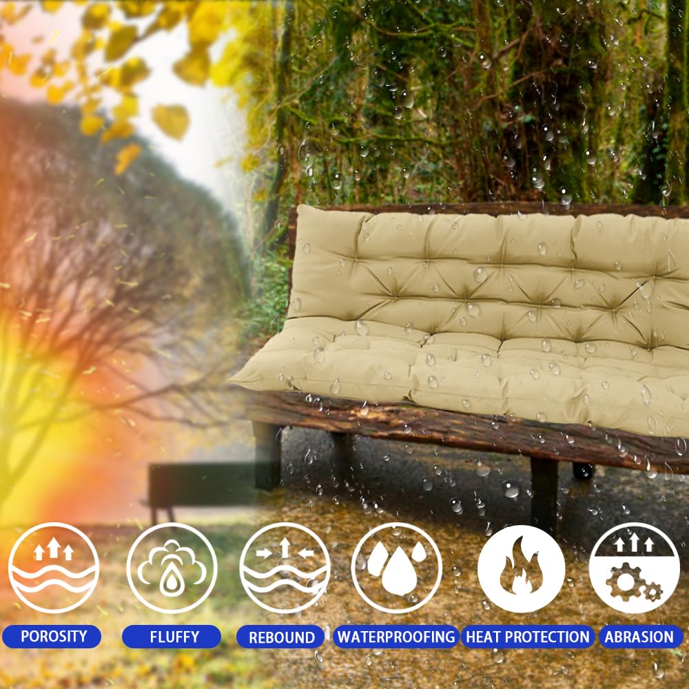 VKETU Porch Swing Cushions, Three Seat Swing Replacement Cushions Outdoor Bench Cushion with Ties Backrest Folding Waterproof Bench Cushion for Outdoor Patio Cushion (Beige, 60 x 40 in)