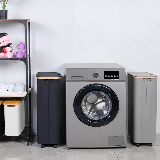 Laundry Hamper with Wheels,75L Laundry Basket with lid Rolling Clothes Basket Foldable Dirty Clothes Hamper on wheels with Bamboo Frame and Bag for Bedroom, Dorm, Laundry Room,Black(20 Gal)