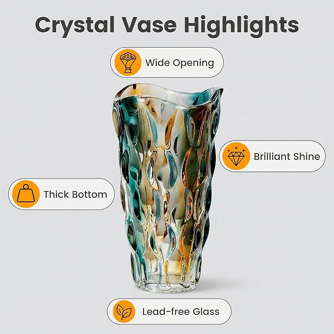 CEMABT 9.5inch 3.4 lb Glass Vases for Flowers Unbreakable Thickened Morden vase for Tables Centerpieces,Colorful,Vintage and Clear Rose Large Flower vases for Bouquet Unique Gifts（Gold Blue）